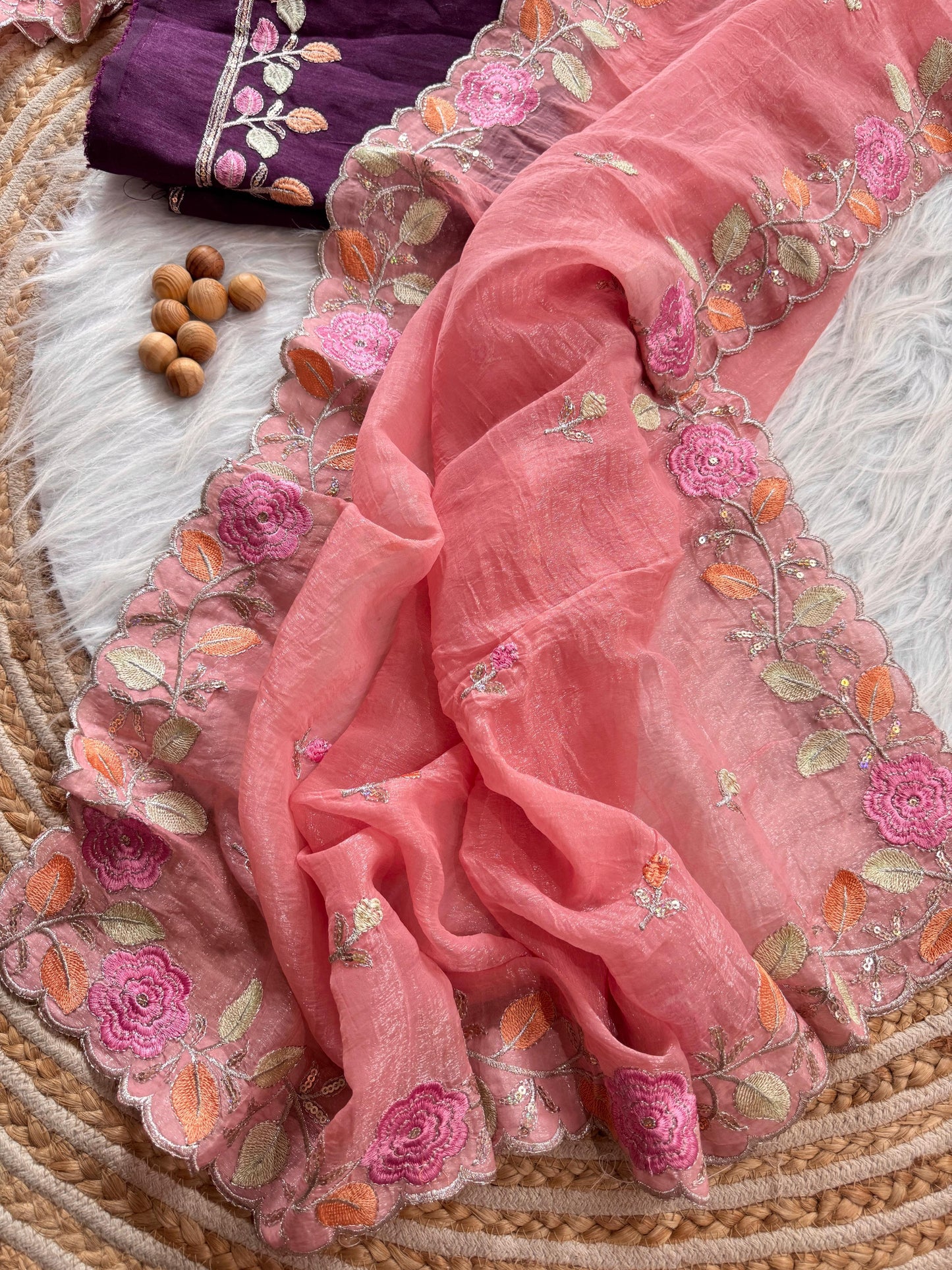 Breezy Pastel Floral Embroidered Crunchy Chiffon Saree