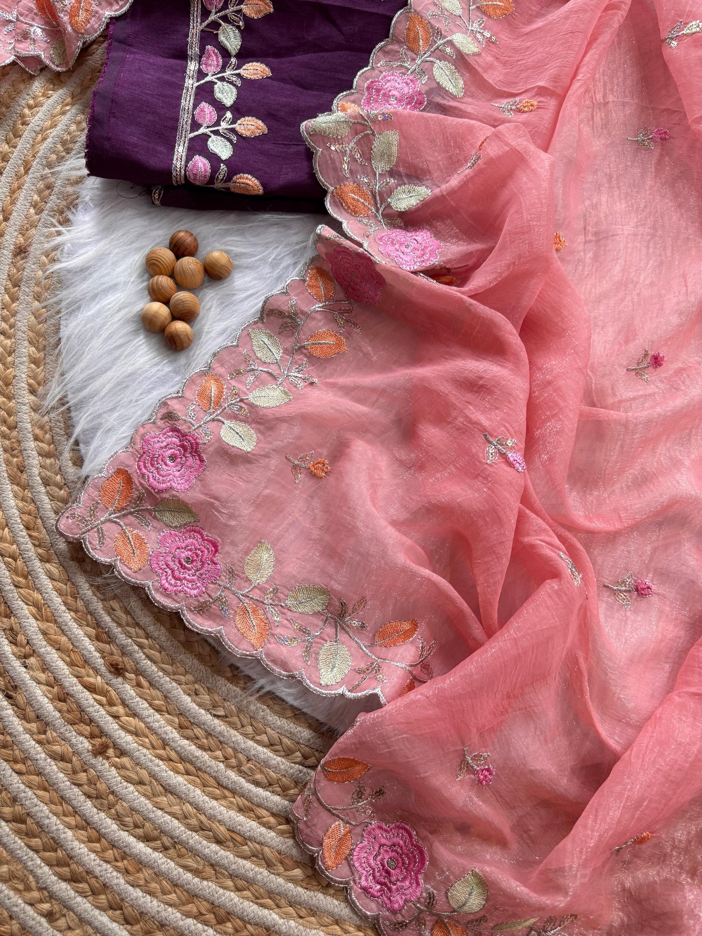 Breezy Pastel Floral Embroidered Crunchy Chiffon Saree