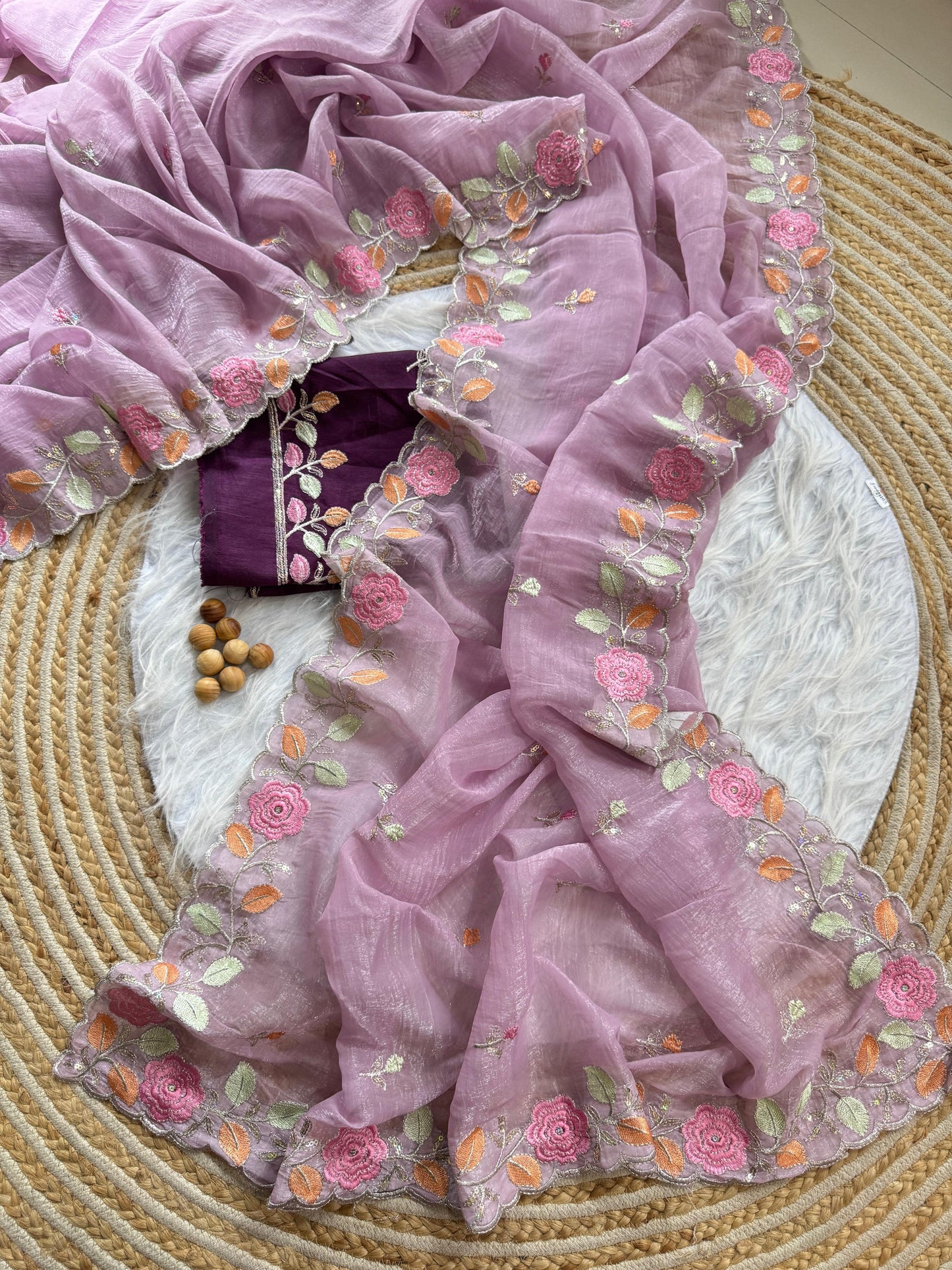 Breezy Pastel Floral Embroidered Crunchy Chiffon Saree