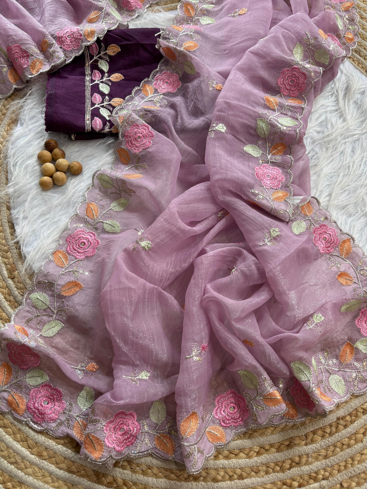 Breezy Pastel Floral Embroidered Crunchy Chiffon Saree
