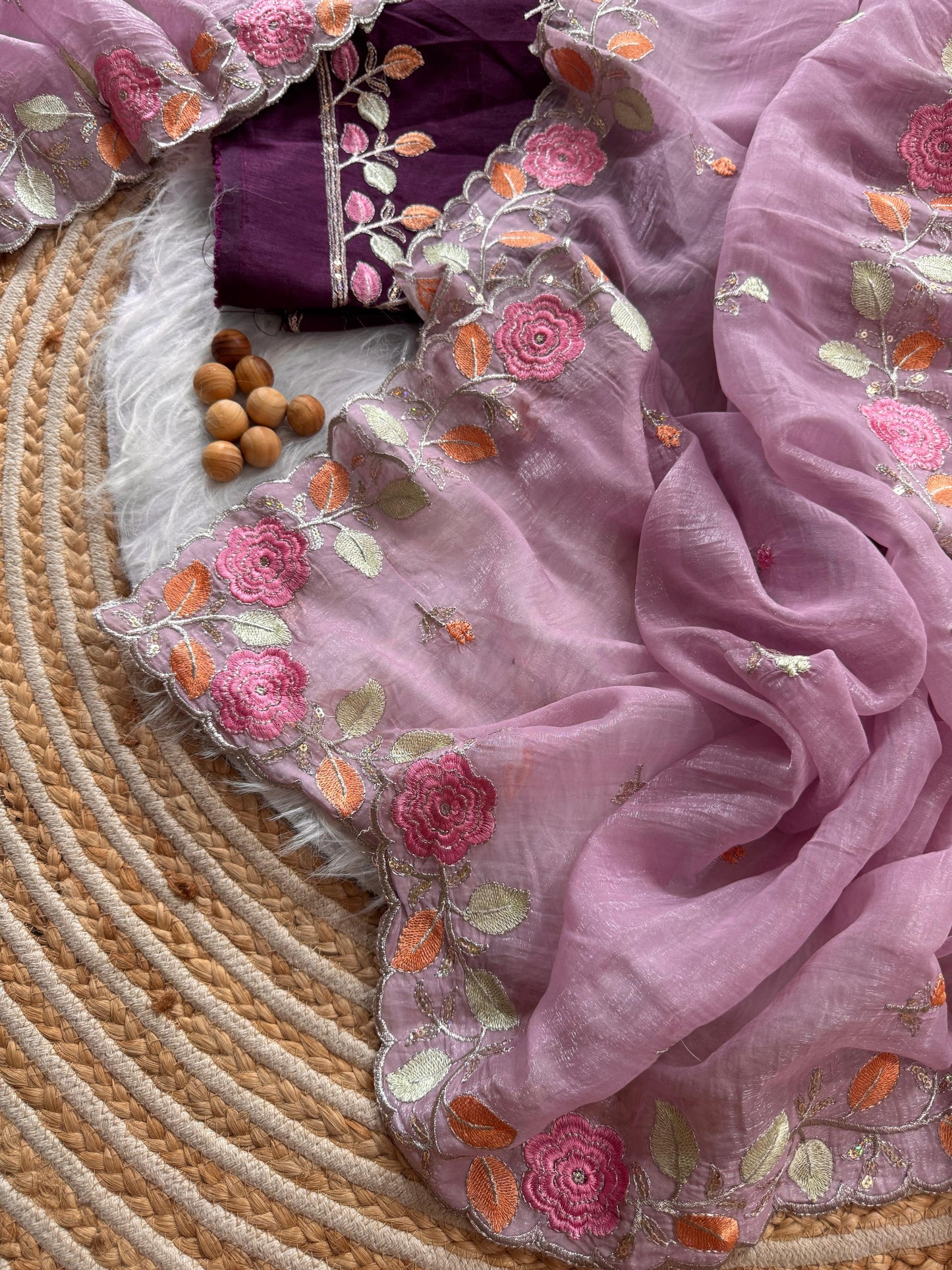 Breezy Pastel Floral Embroidered Crunchy Chiffon Saree
