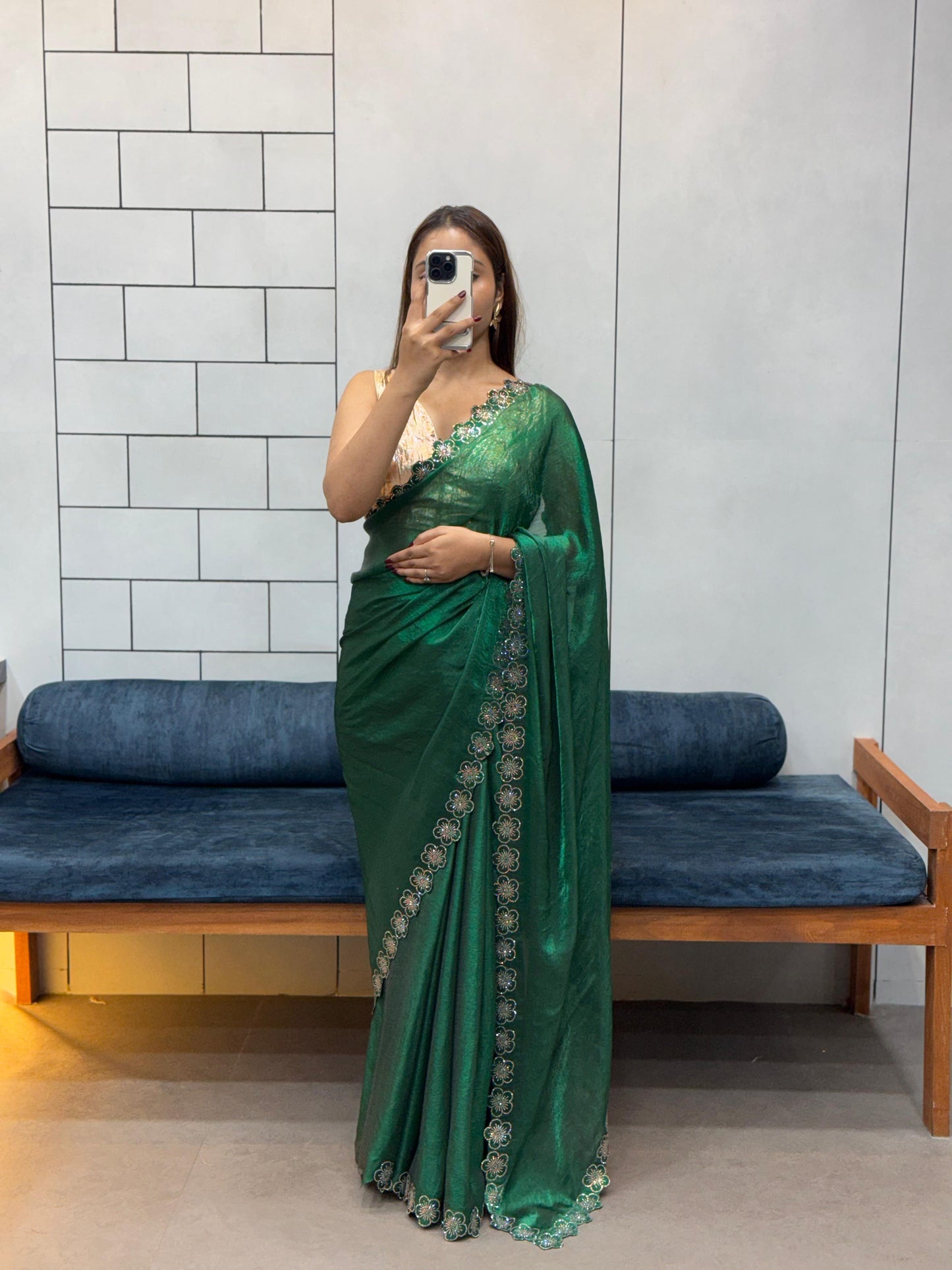 Stylish Trendy Rich Space Silk Saree With Flower Port Cut Dana & Diamond Work