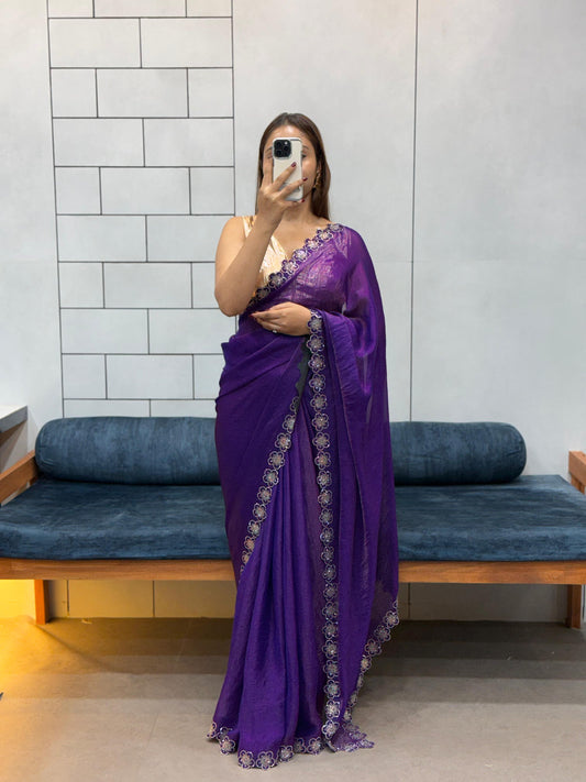 Stylish Trendy Rich Space Silk Saree With Flower Port Cut Dana & Diamond Work