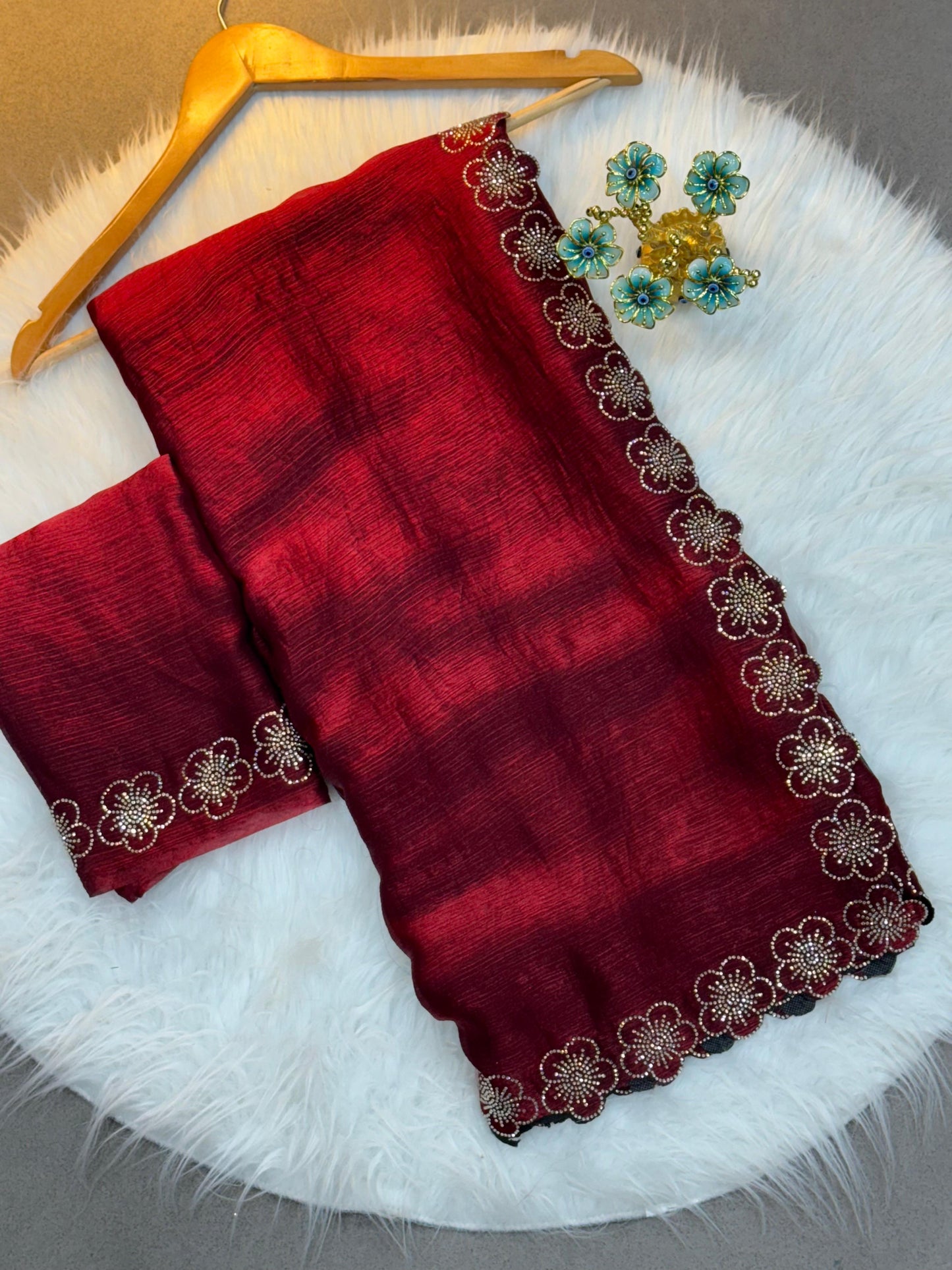 Stylish Trendy Rich Space Silk Saree With Flower Port Cut Dana & Diamond Work