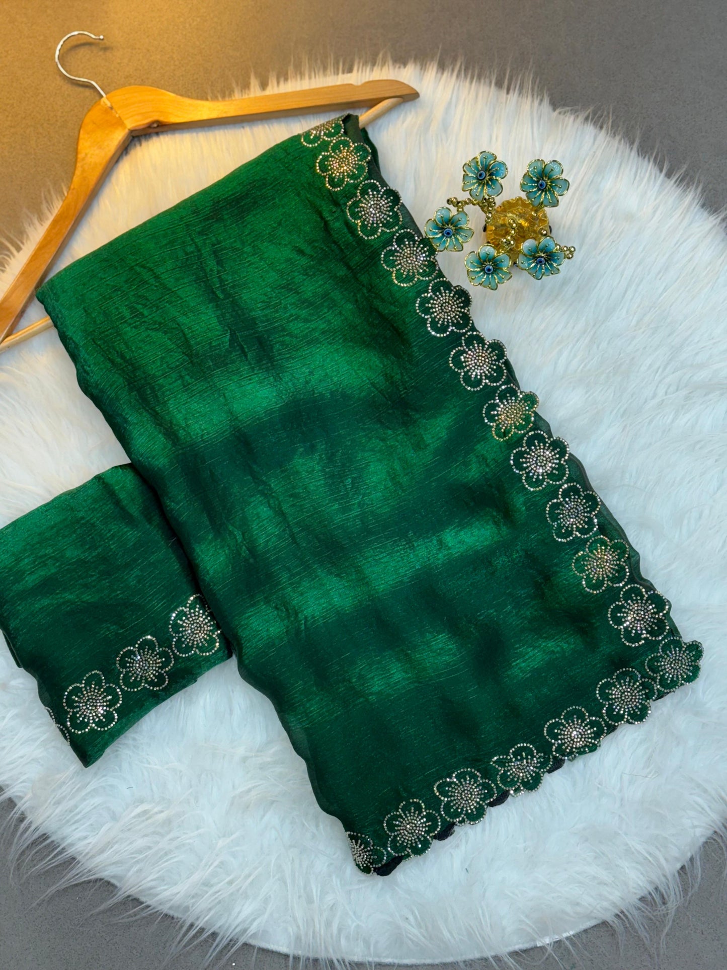 Stylish Trendy Rich Space Silk Saree With Flower Port Cut Dana & Diamond Work
