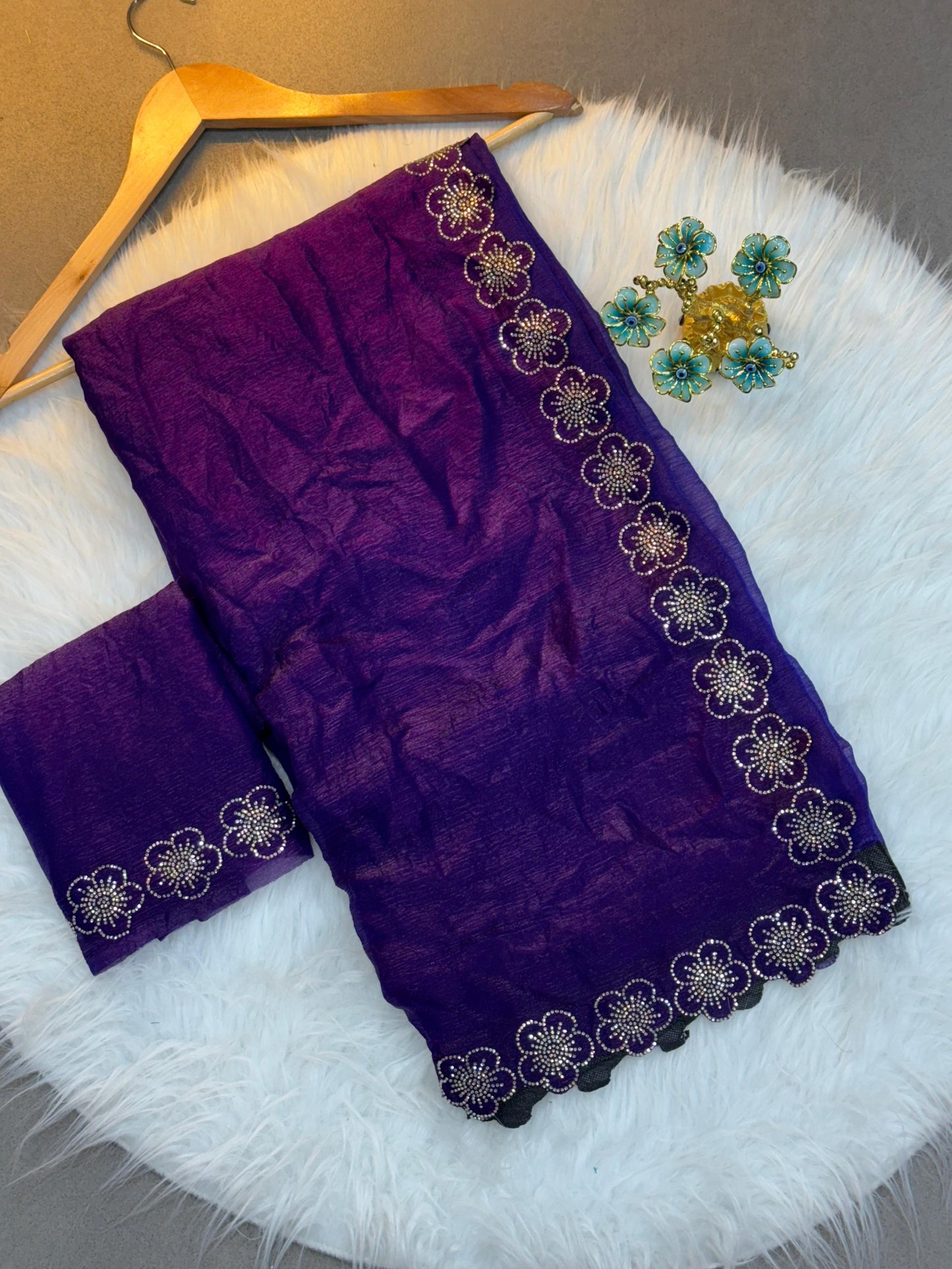 Stylish Trendy Rich Space Silk Saree With Flower Port Cut Dana & Diamond Work