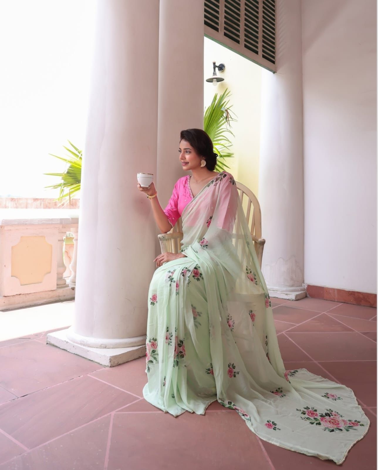 Special Celebrity Style Soft Faux Georgette Moti Handwork Saree