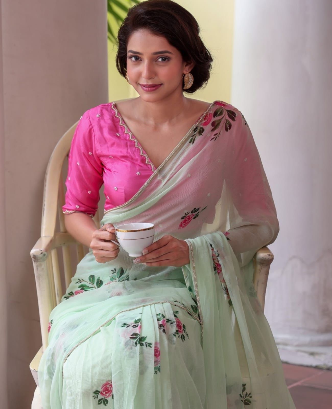 Special Celebrity Style Soft Faux Georgette Moti Handwork Saree