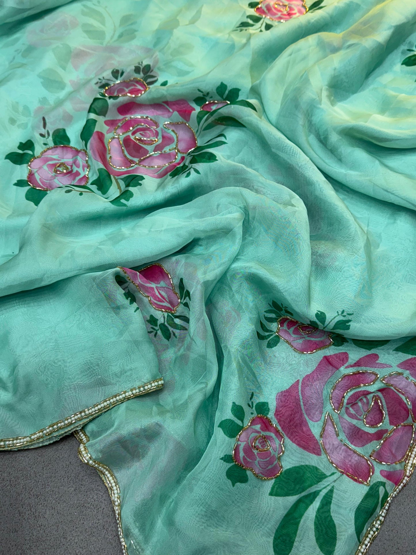 Special Celebrity Style Soft Faux Georgette Moti Handwork Saree