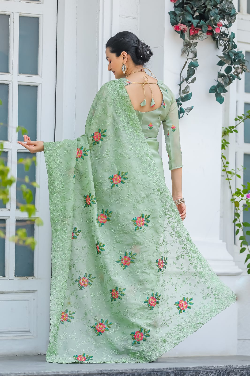 Pure Shiny Chiffon Saree With Zari Cutwork & Embroidery Work