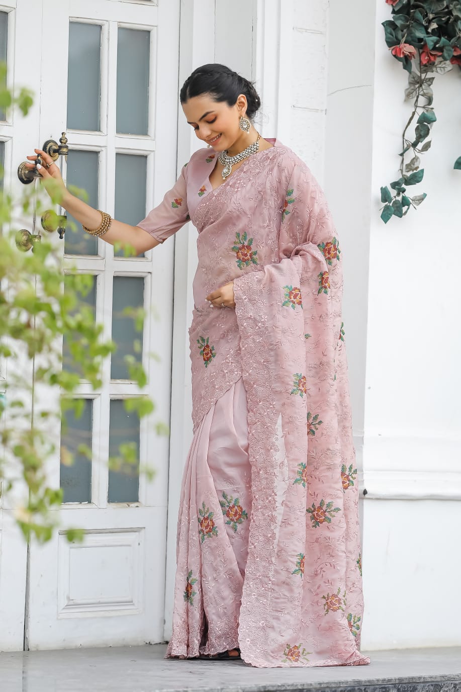 Pure Shiny Chiffon Saree With Zari Cutwork & Embroidery Work