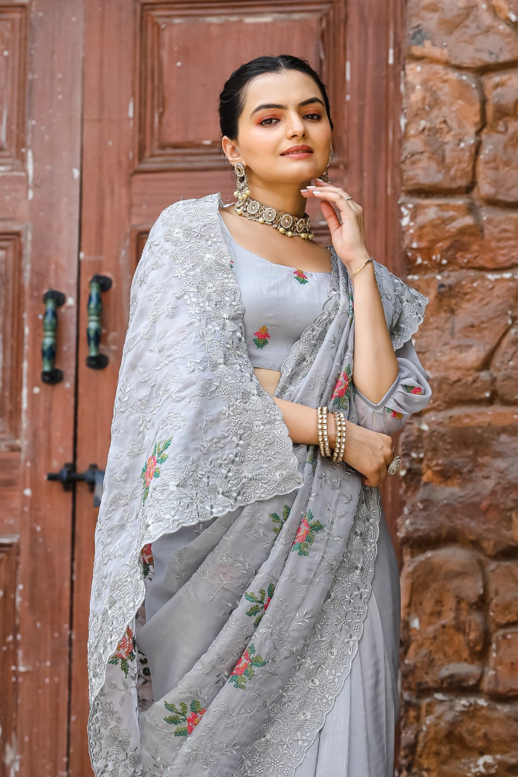 Pure Shiny Chiffon Saree With Zari Cutwork & Embroidery Work