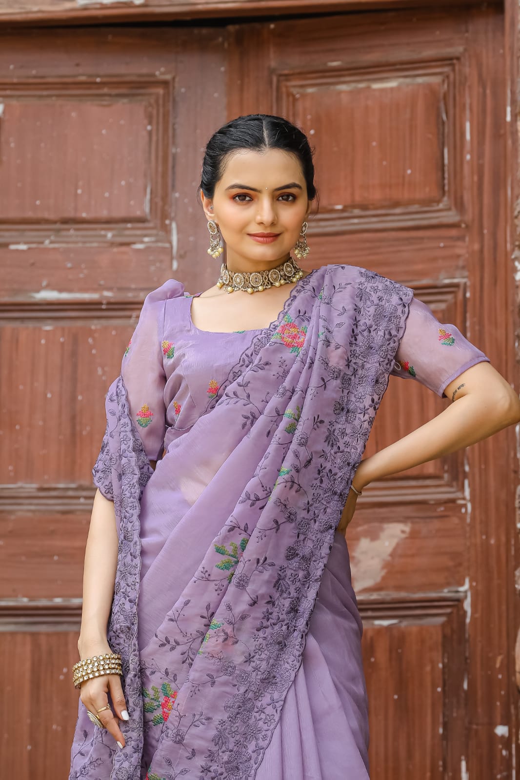 Pure Shiny Chiffon Saree With Zari Cutwork & Embroidery Work