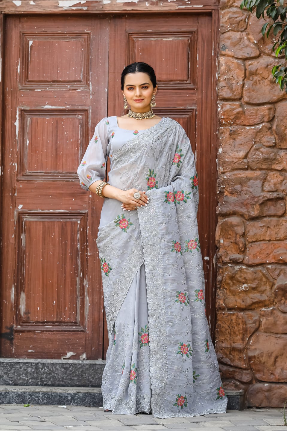 Pure Shiny Chiffon Saree With Zari Cutwork & Embroidery Work