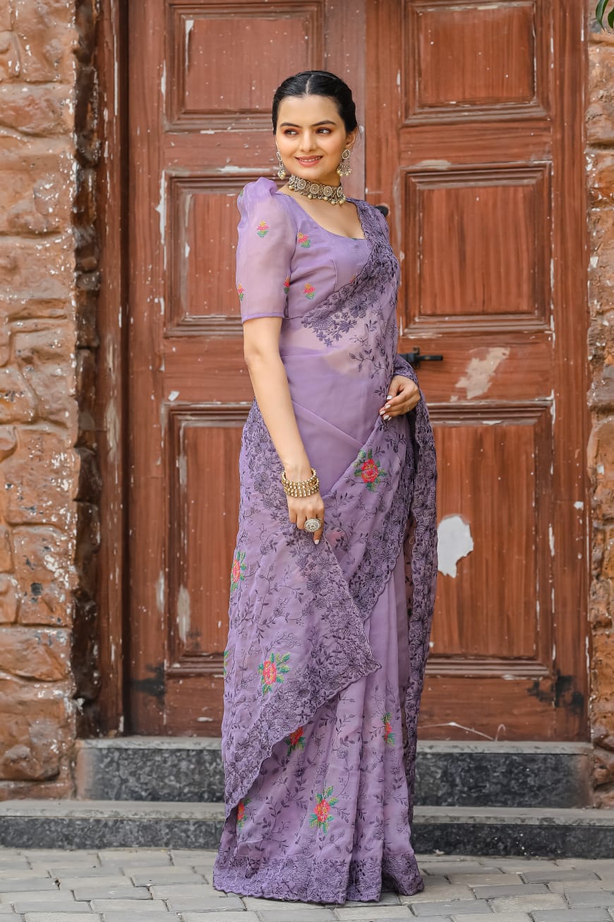 Pure Shiny Chiffon Saree With Zari Cutwork & Embroidery Work
