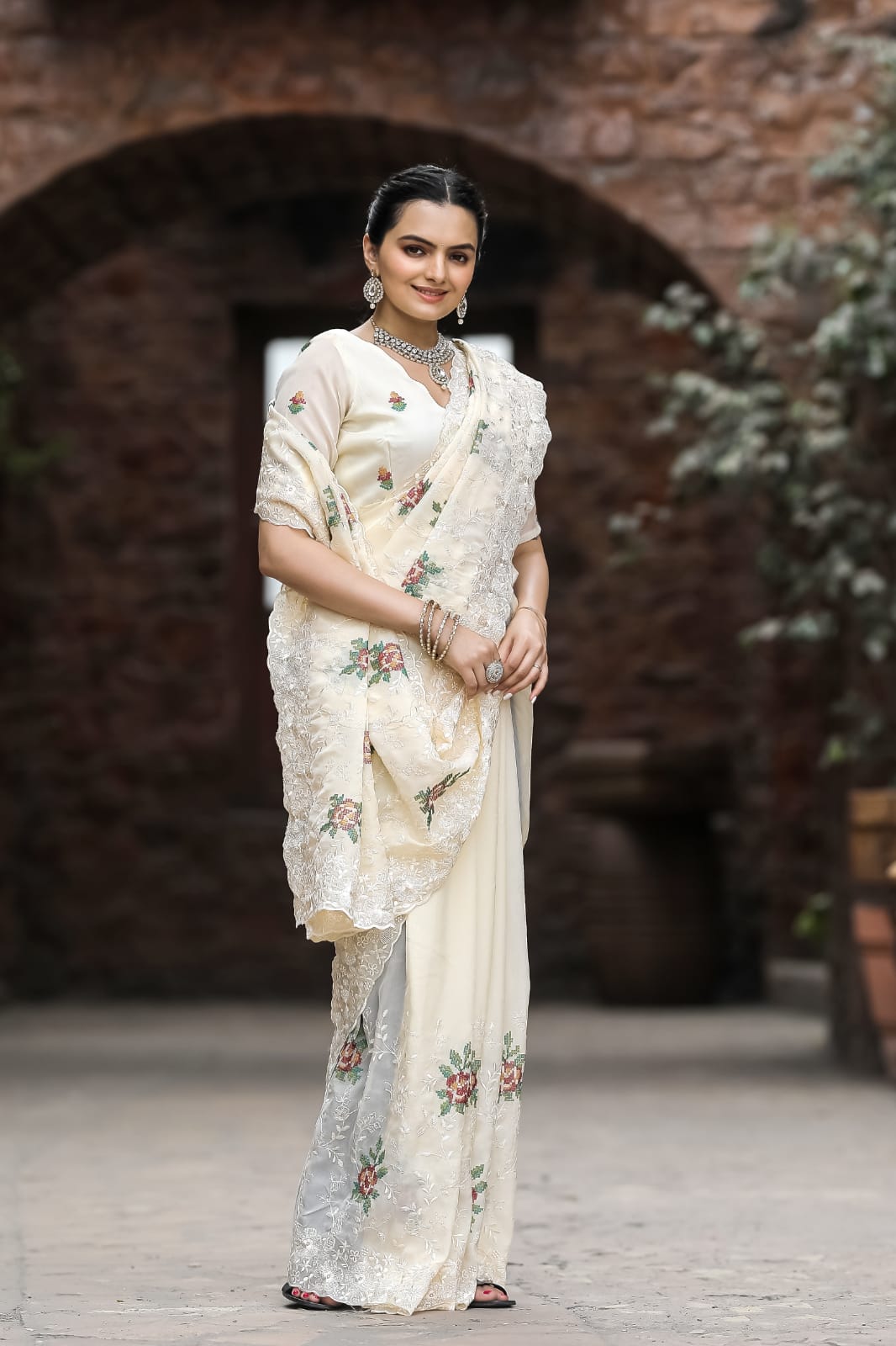 Pure Shiny Chiffon Saree With Zari Cutwork & Embroidery Work