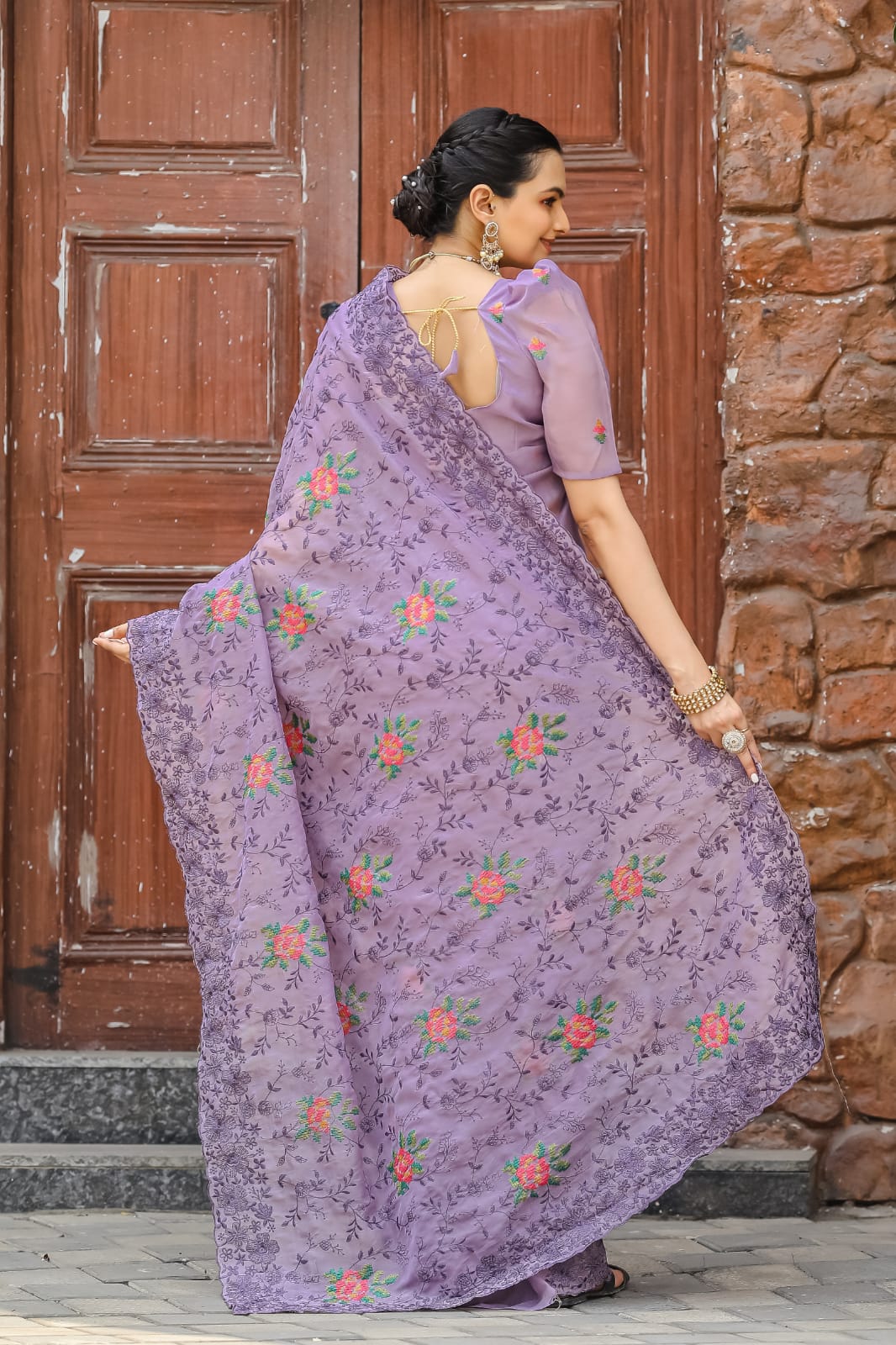 Pure Shiny Chiffon Saree With Zari Cutwork & Embroidery Work