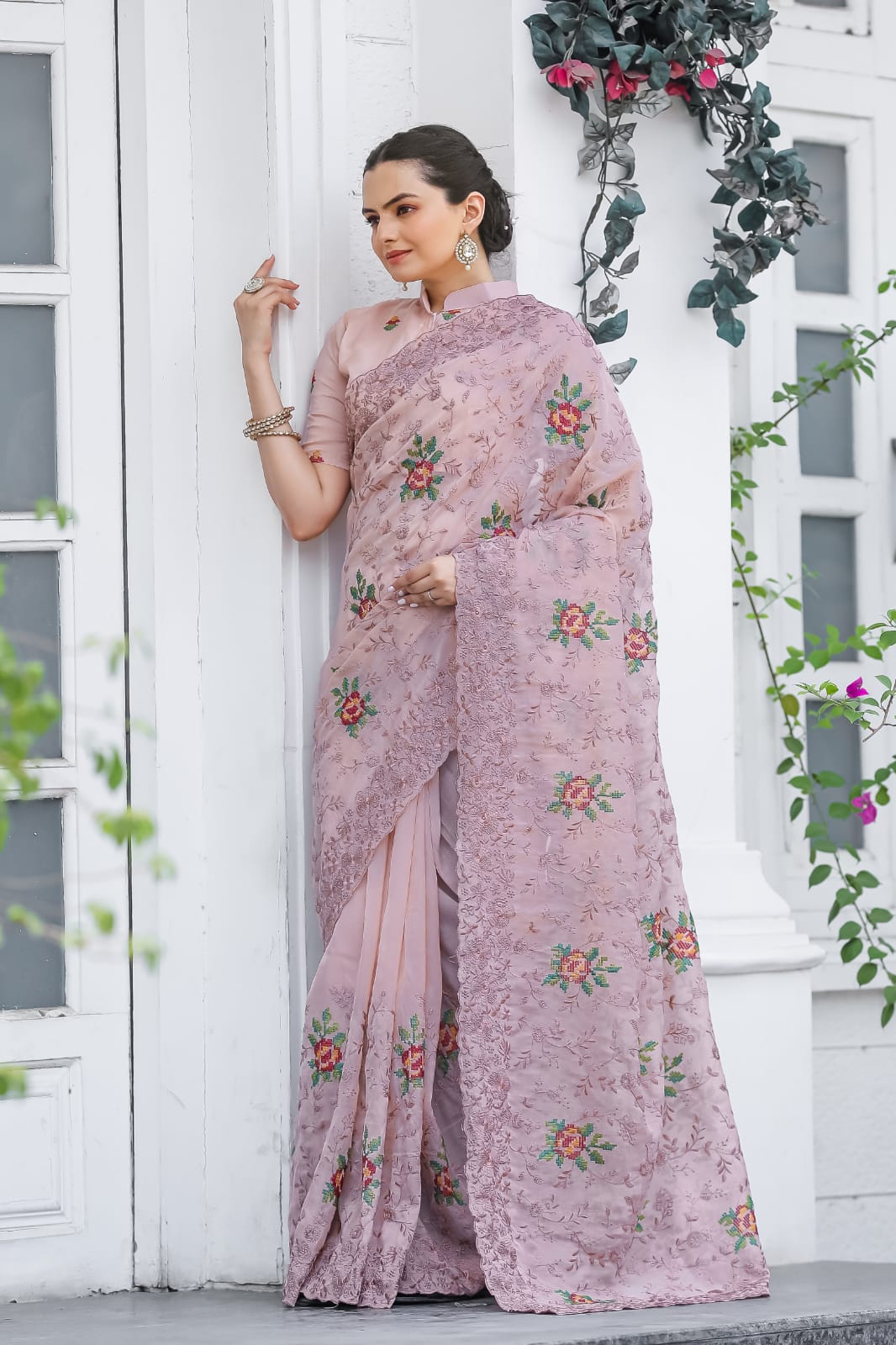 Pure Shiny Chiffon Saree With Zari Cutwork & Embroidery Work