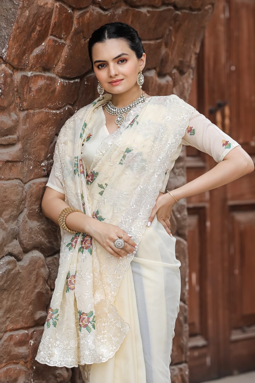 Pure Shiny Chiffon Saree With Zari Cutwork & Embroidery Work