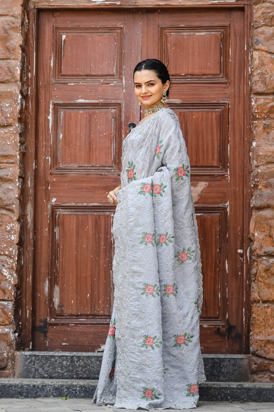 Pure Shiny Chiffon Saree With Zari Cutwork & Embroidery Work