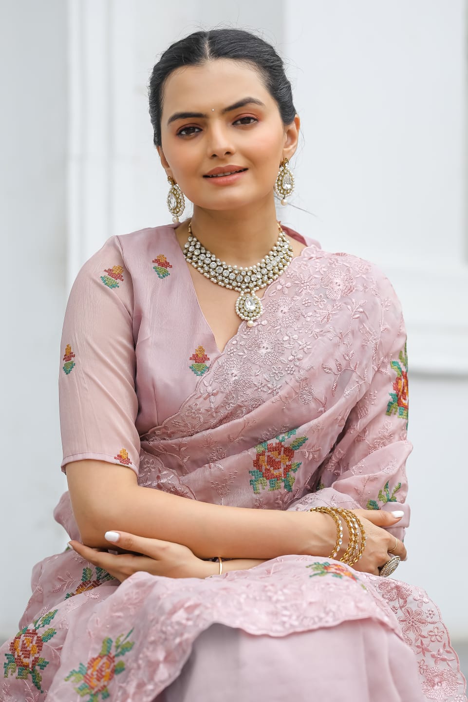 Pure Shiny Chiffon Saree With Zari Cutwork & Embroidery Work
