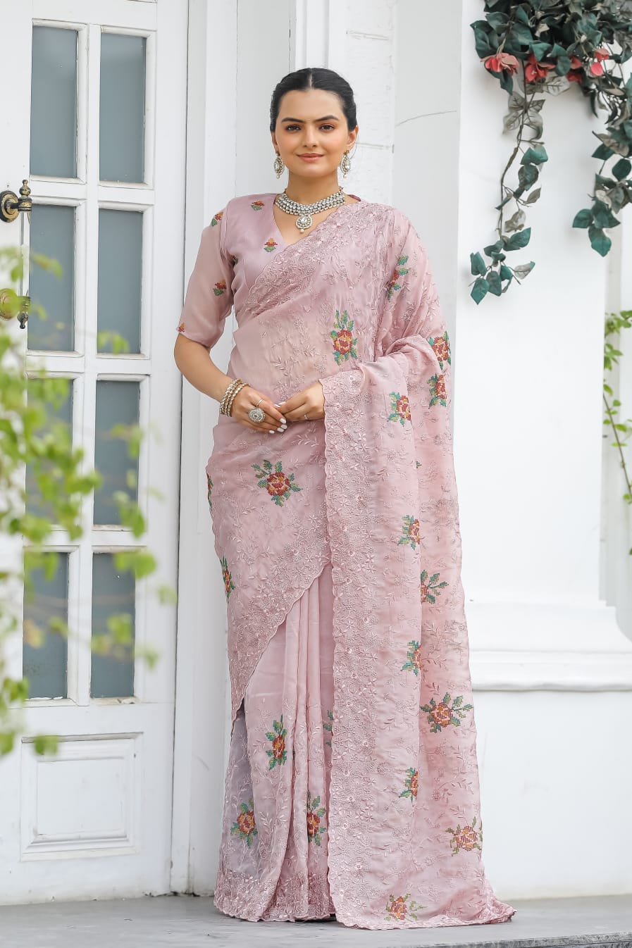 Pure Shiny Chiffon Saree With Zari Cutwork & Embroidery Work