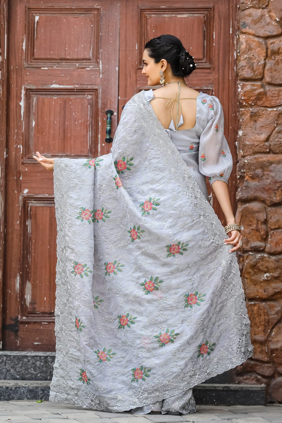 Pure Shiny Chiffon Saree With Zari Cutwork & Embroidery Work