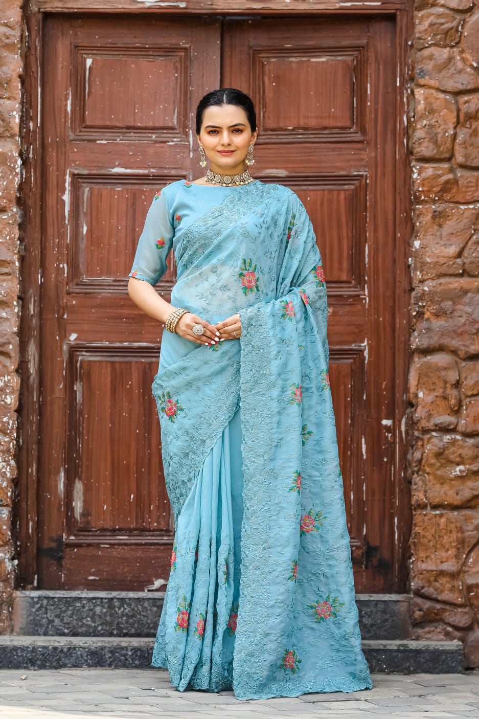 Pure Shiny Chiffon Saree With Zari Cutwork & Embroidery Work