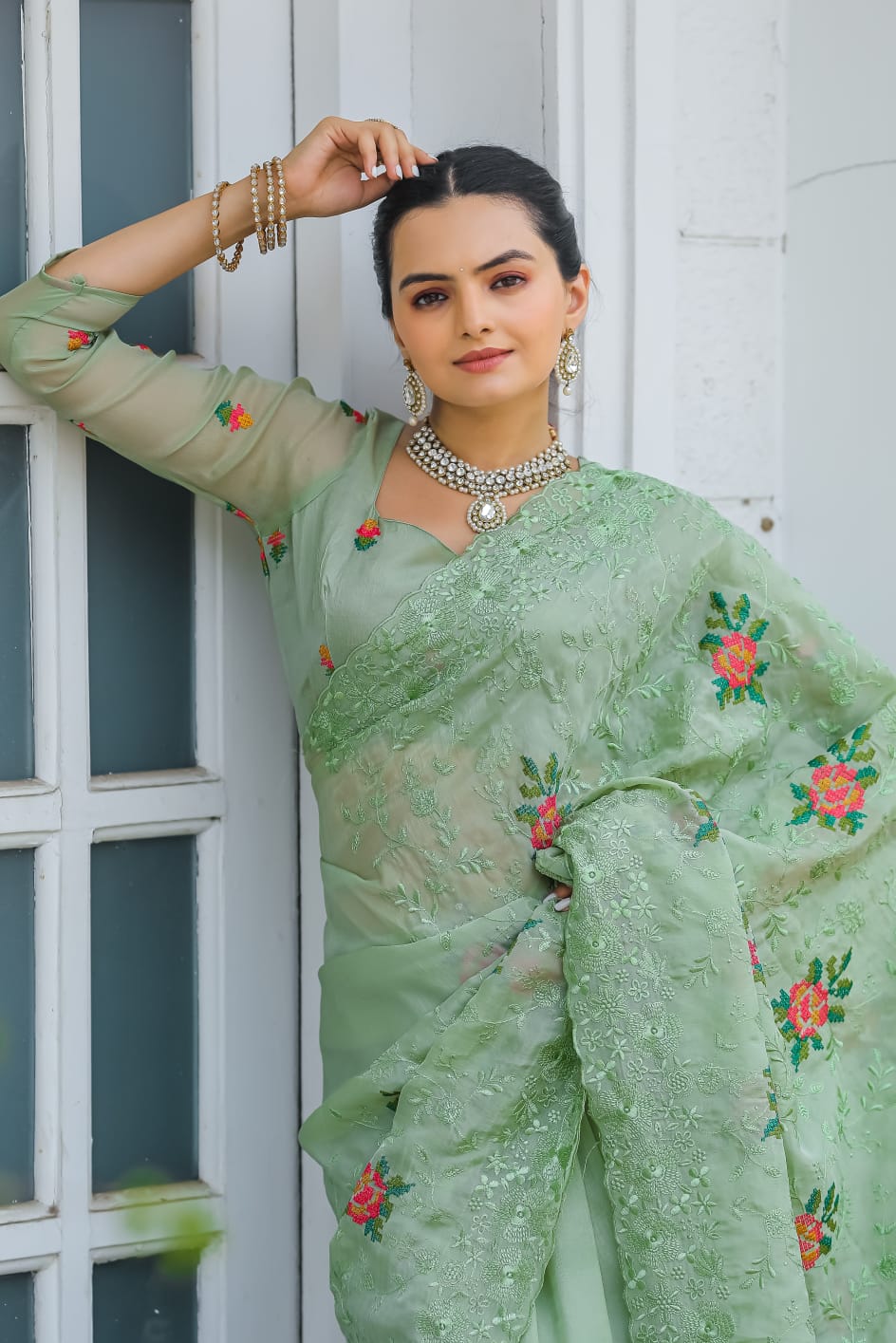 Pure Shiny Chiffon Saree With Zari Cutwork & Embroidery Work