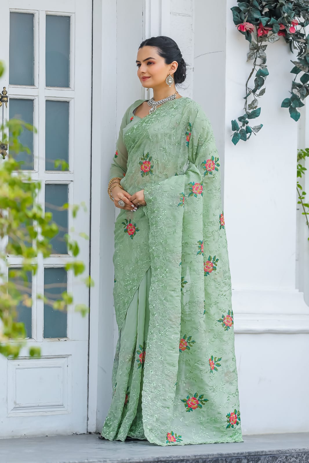 Pure Shiny Chiffon Saree With Zari Cutwork & Embroidery Work