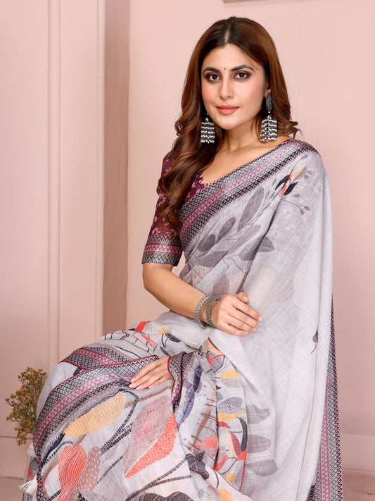 Elegant Linen Cotton Saree with Autumn Leaf Print