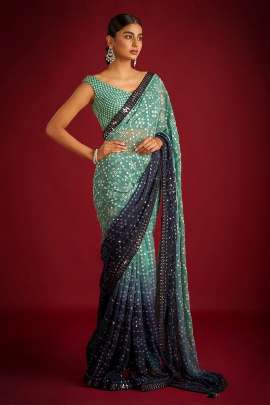 Heavy Fox Georgette Saree With Multi Thread Embroidery & Sequence Work