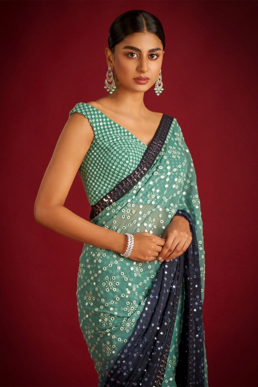 Heavy Fox Georgette Saree With Multi Thread Embroidery & Sequence Work
