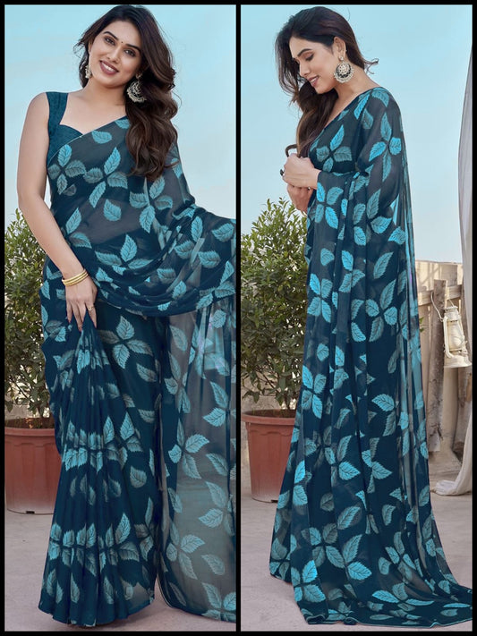 Pure Smooth Chiffon Printed Trendy Daily Wear Saree With Blouse