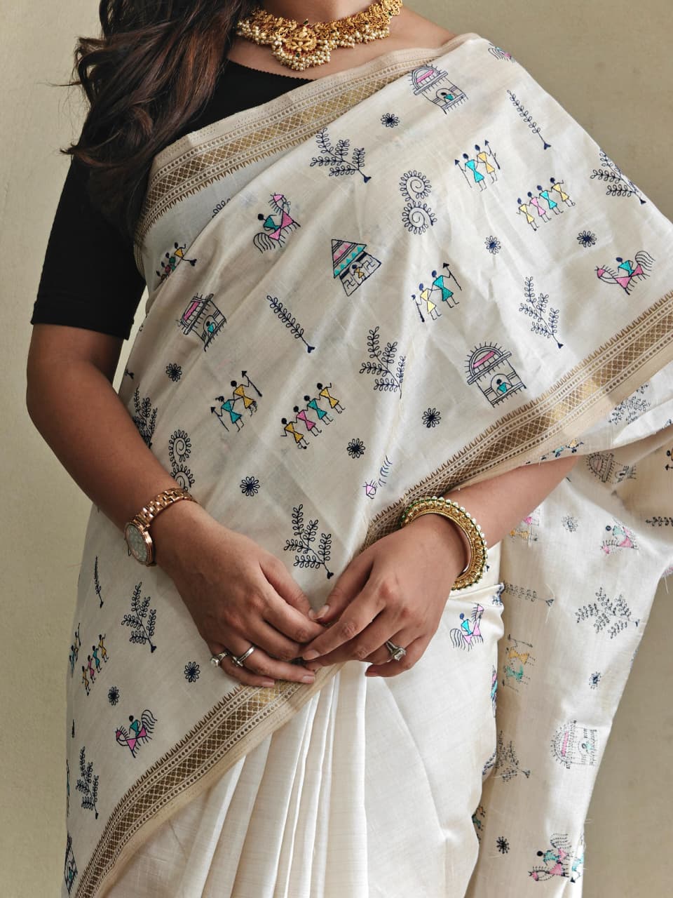 Pure Loom Tussar Saree With All Over Worli Embroidery Pattern & Copper Zari Border