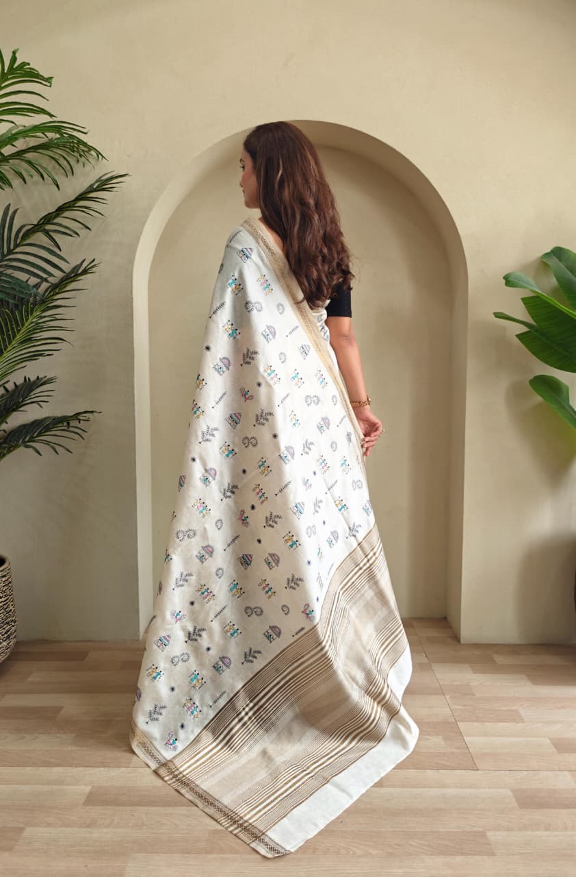 Pure Loom Tussar Saree With All Over Worli Embroidery Pattern & Copper Zari Border