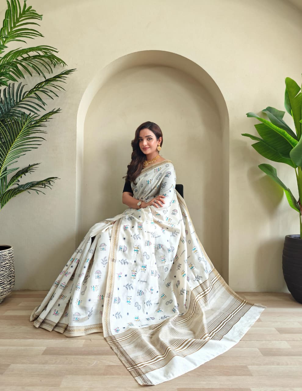 Pure Loom Tussar Saree With All Over Worli Embroidery Pattern & Copper Zari Border