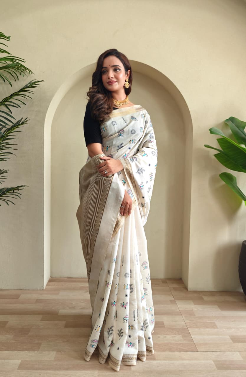 Pure Loom Tussar Saree With All Over Worli Embroidery Pattern & Copper Zari Border