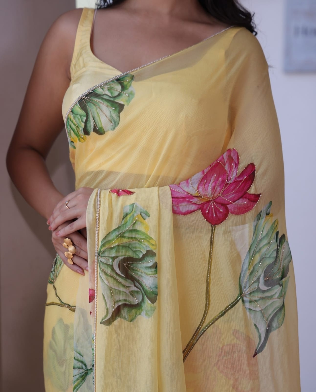 Celebrity Style Soft Faux Georgette Saree With Floral Print & Khatli Handwork