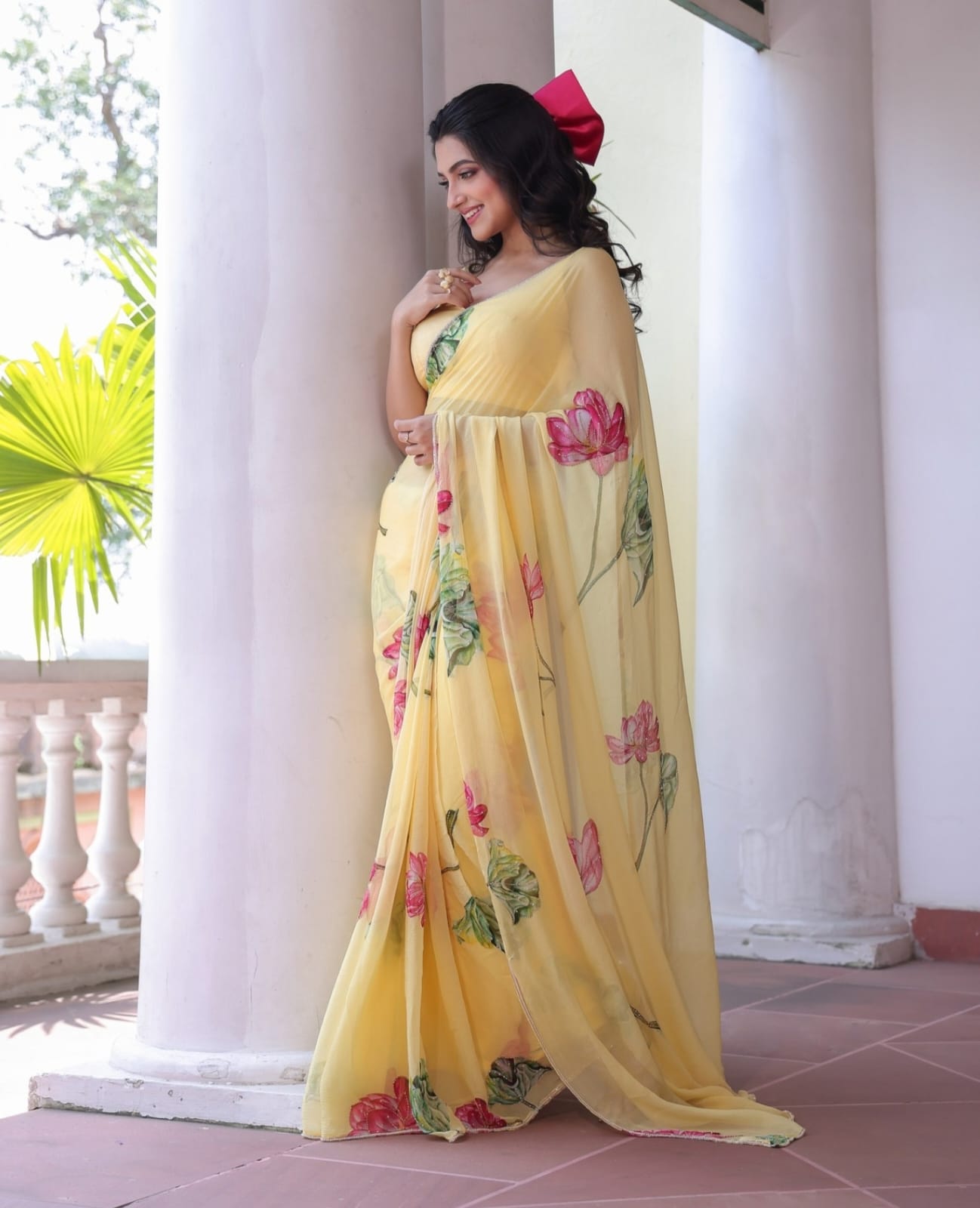 Celebrity Style Soft Faux Georgette Saree With Floral Print & Khatli Handwork