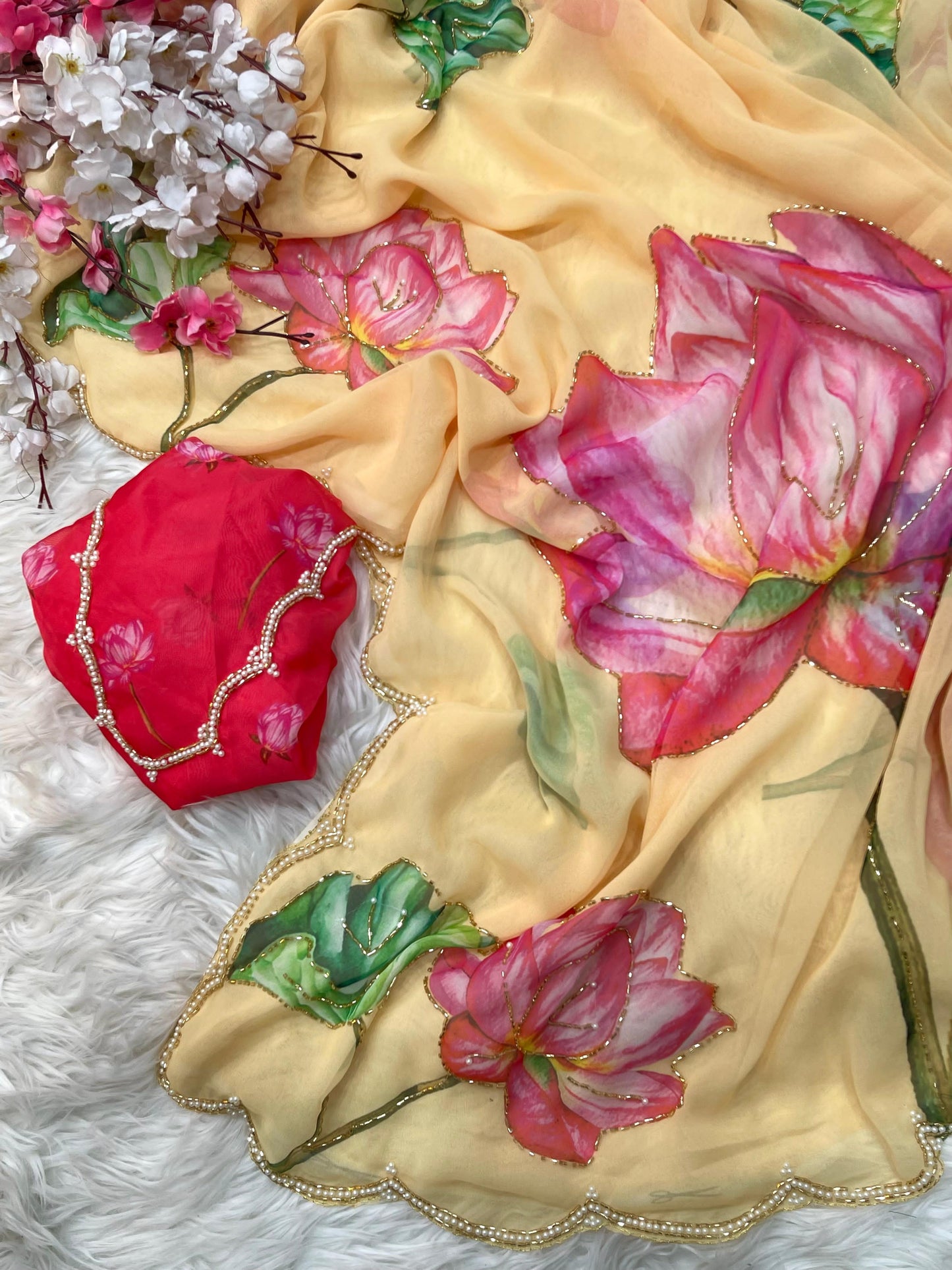 Celebrity Style Soft Faux Georgette Saree With Floral Print & Khatli Handwork