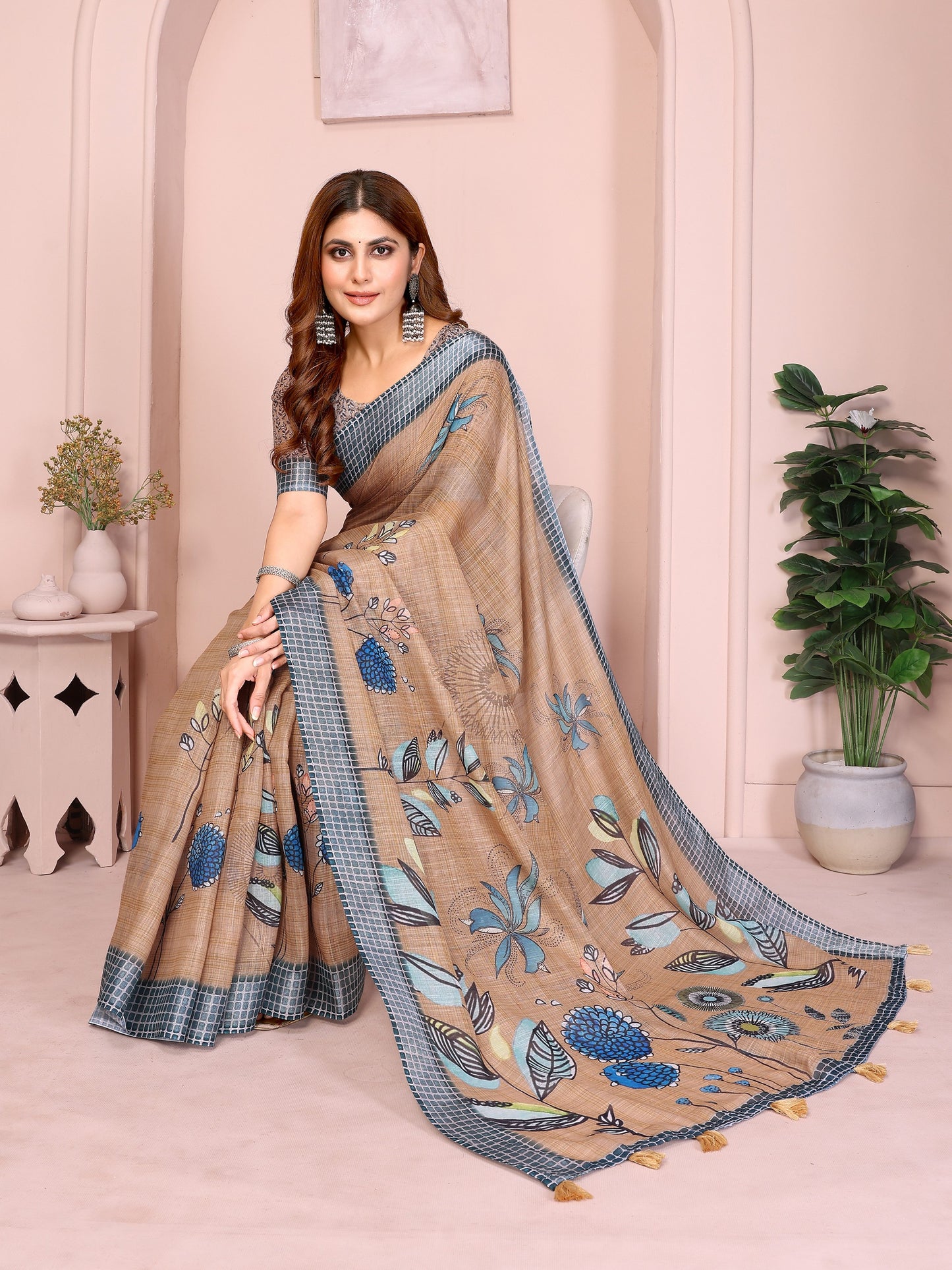 Elegant Linen Cotton Beige Saree With Blue Floral Accents