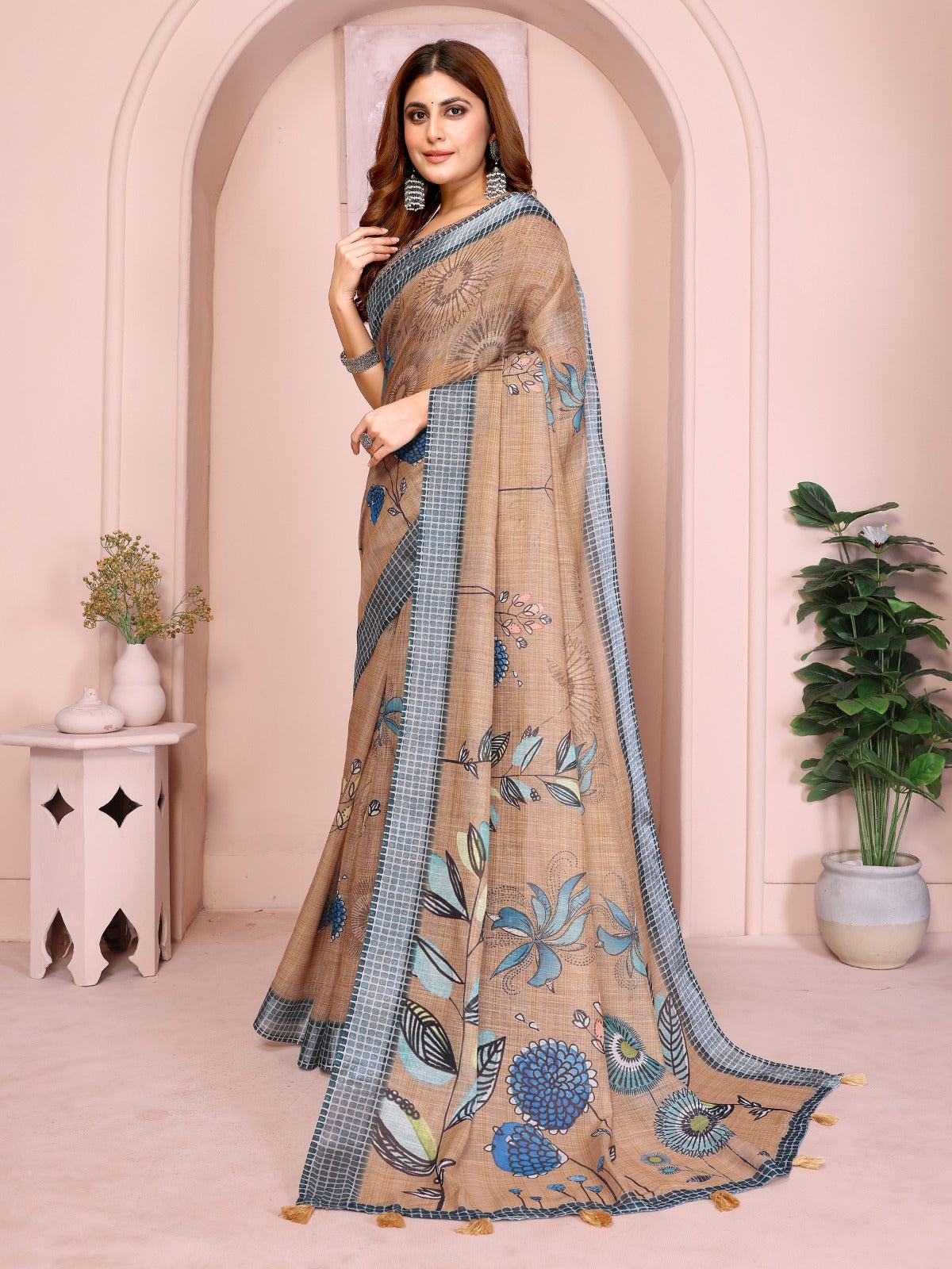Elegant Linen Cotton Beige Saree With Blue Floral Accents