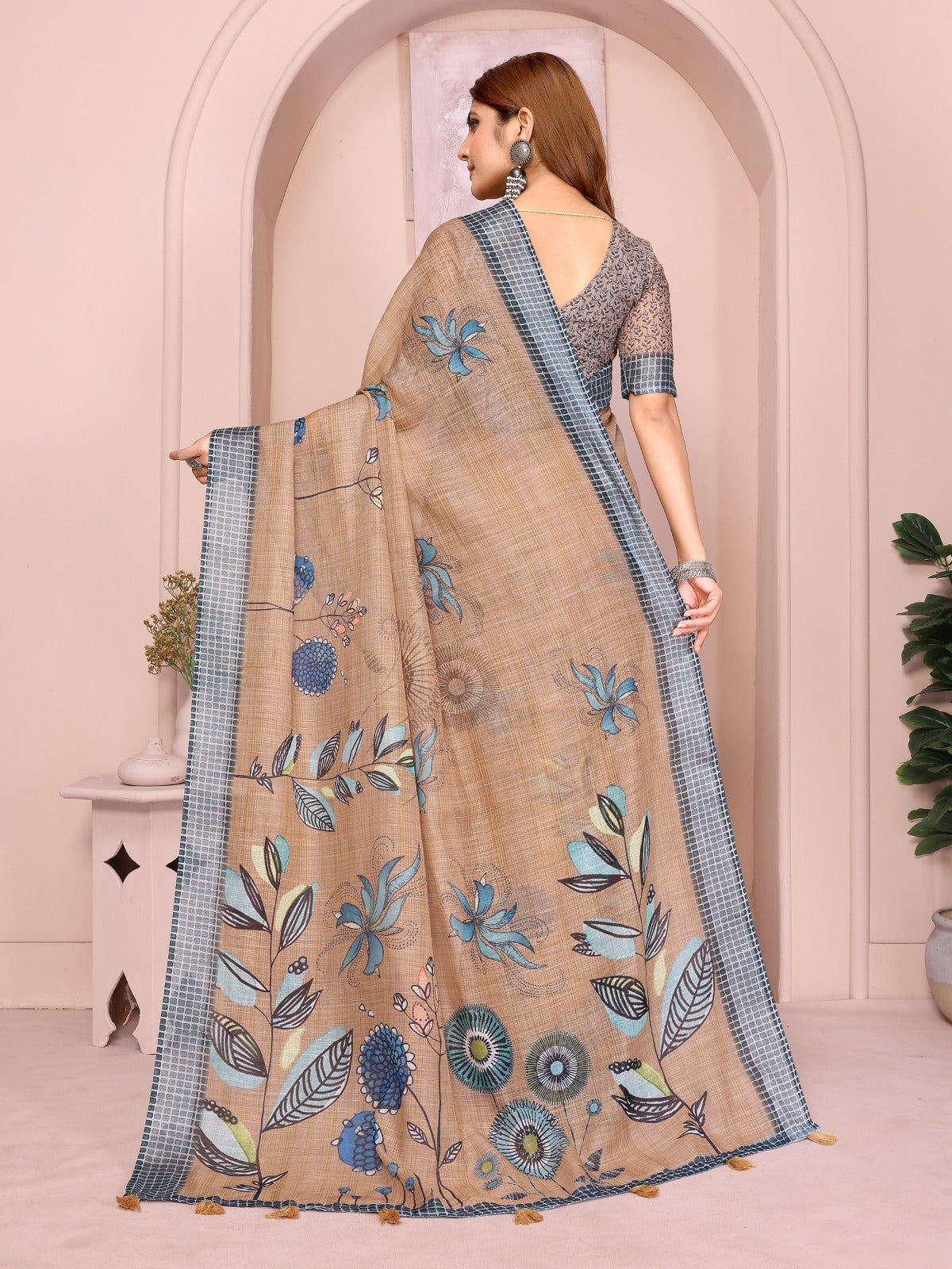 Elegant Linen Cotton Beige Saree With Blue Floral Accents