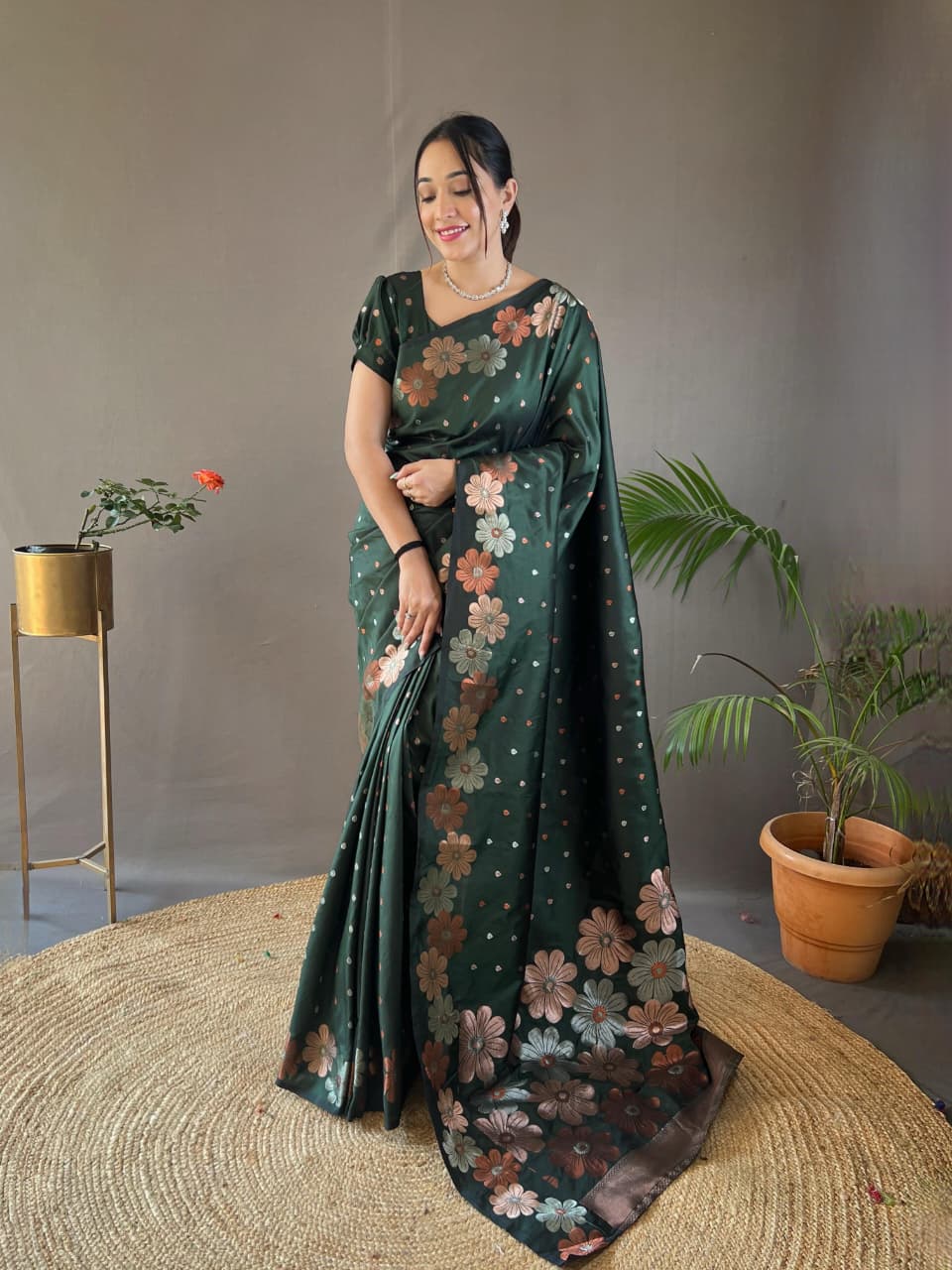 Classy Pure Soft Silk Saree With Copper & Gold Weaving All Over