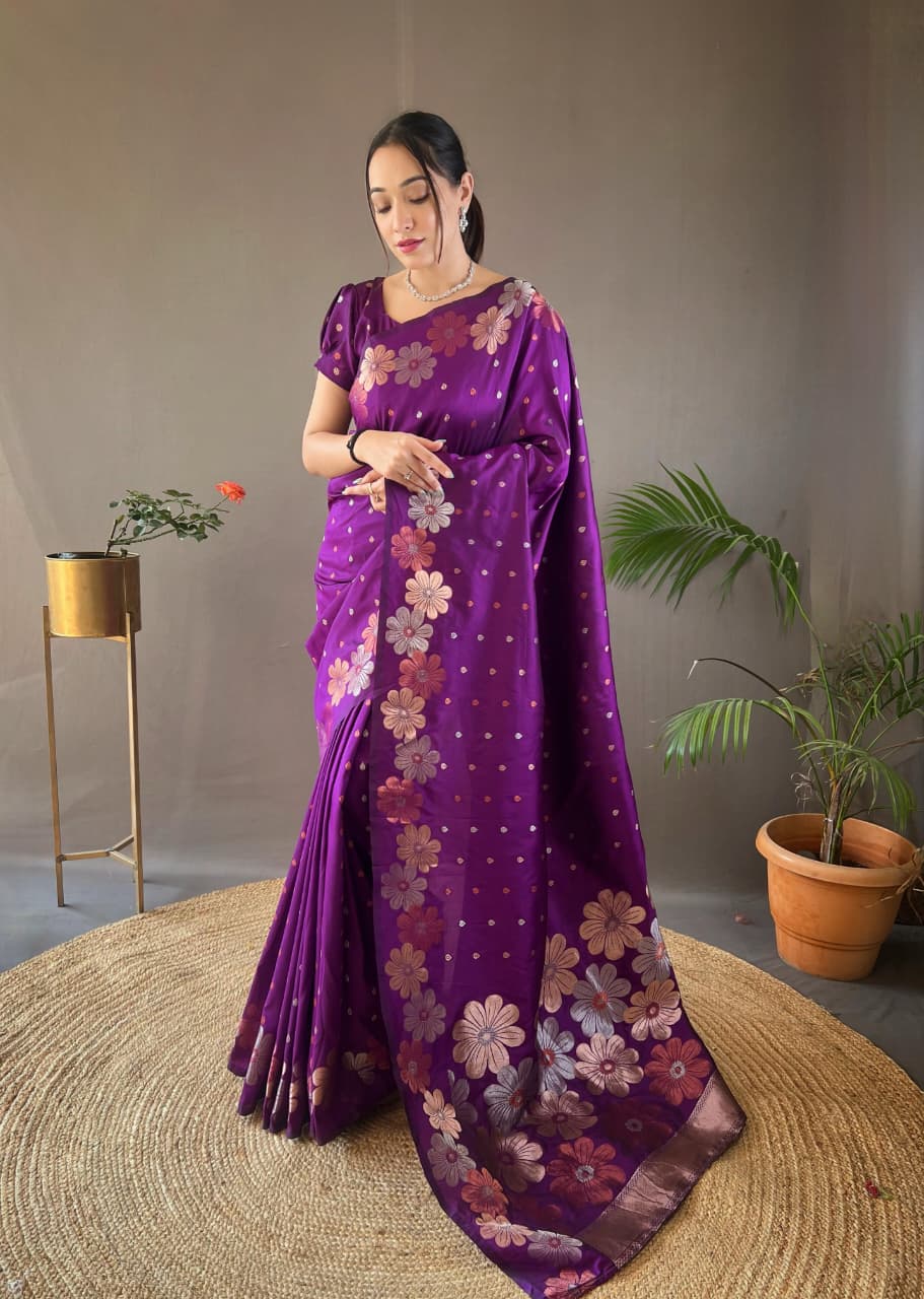 Classy Pure Soft Silk Saree With Copper & Gold Weaving All Over