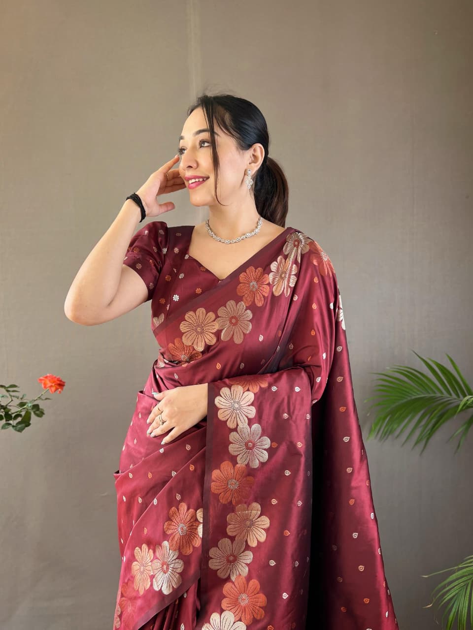 Classy Pure Soft Silk Saree With Copper & Gold Weaving All Over