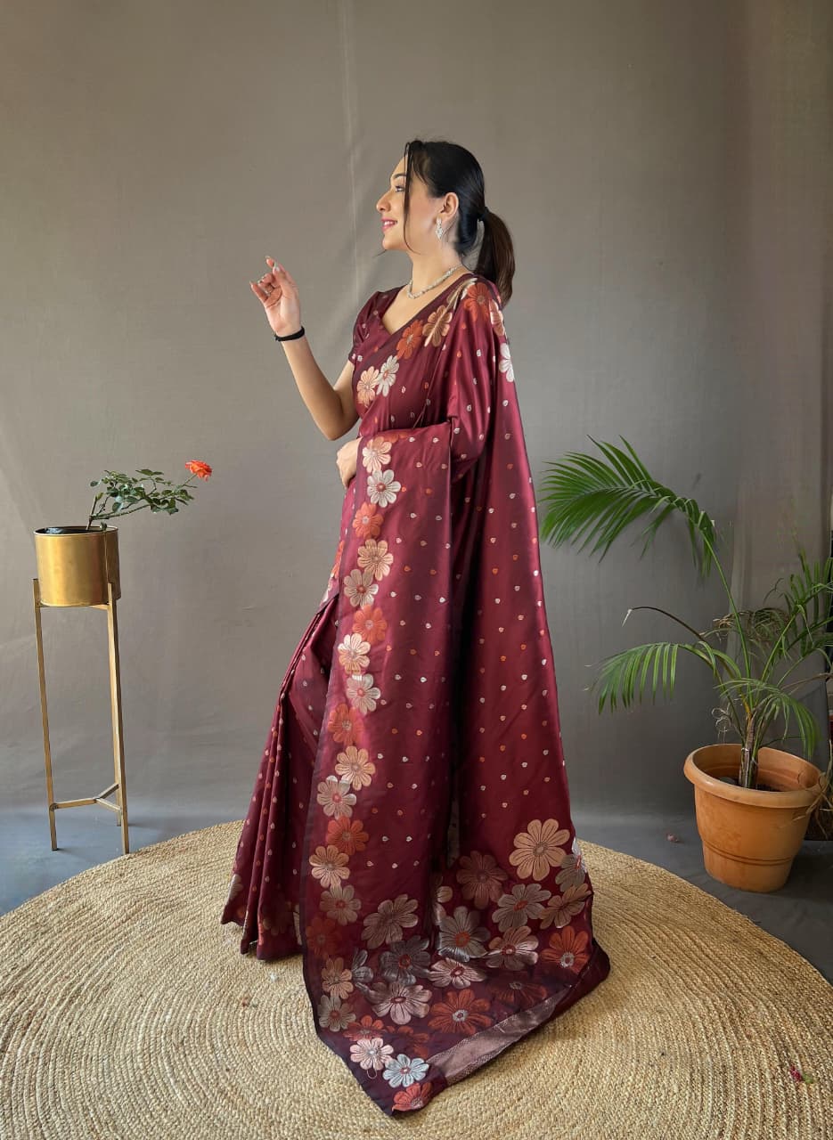 Classy Pure Soft Silk Saree With Copper & Gold Weaving All Over