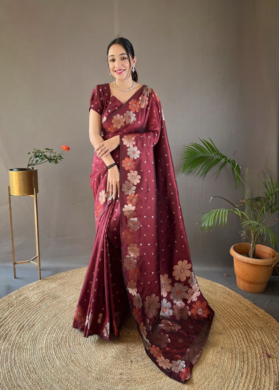 Classy Pure Soft Silk Saree With Copper & Gold Weaving All Over
