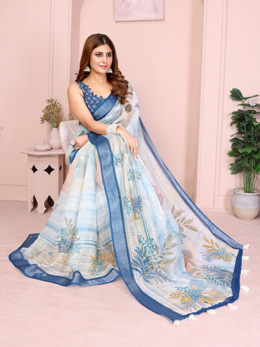 Pastel Blue Linen Cotton Saree with Tropical Leaf Print